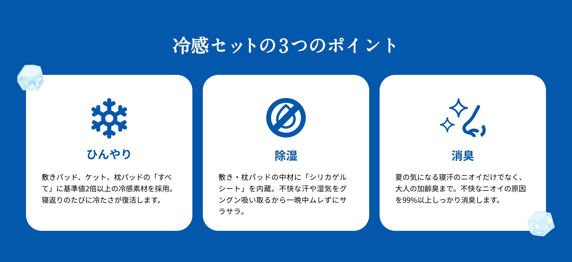 冷感セットの3つのポイント／ひんやり：敷きパッド・ケット・枕パッドのすべてに基準値2倍以上の冷感素材を採用／除湿：シリカゲルシートを内蔵し不快な汗や湿気をグングン吸い取る／消臭：夏の気になる寝汗のニオイや大人の加齢臭を99%以上しっかり消臭