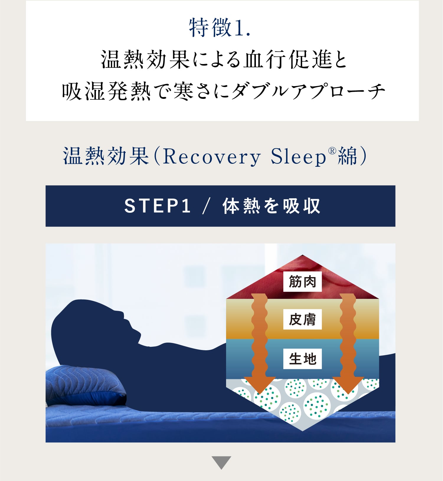 特徴1. 温熱効果による血行促進と吸湿発熱で寒さにダブルアプローチ 温熱効果（Recovery Sleep®綿）STEP1 / 体熱を吸収
